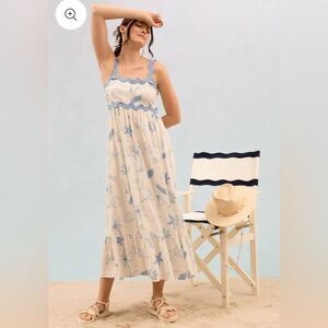 By the River Sea Shell Print Sleeveless Maxi Dress Ric Rac Trim Cream Blue M NWT